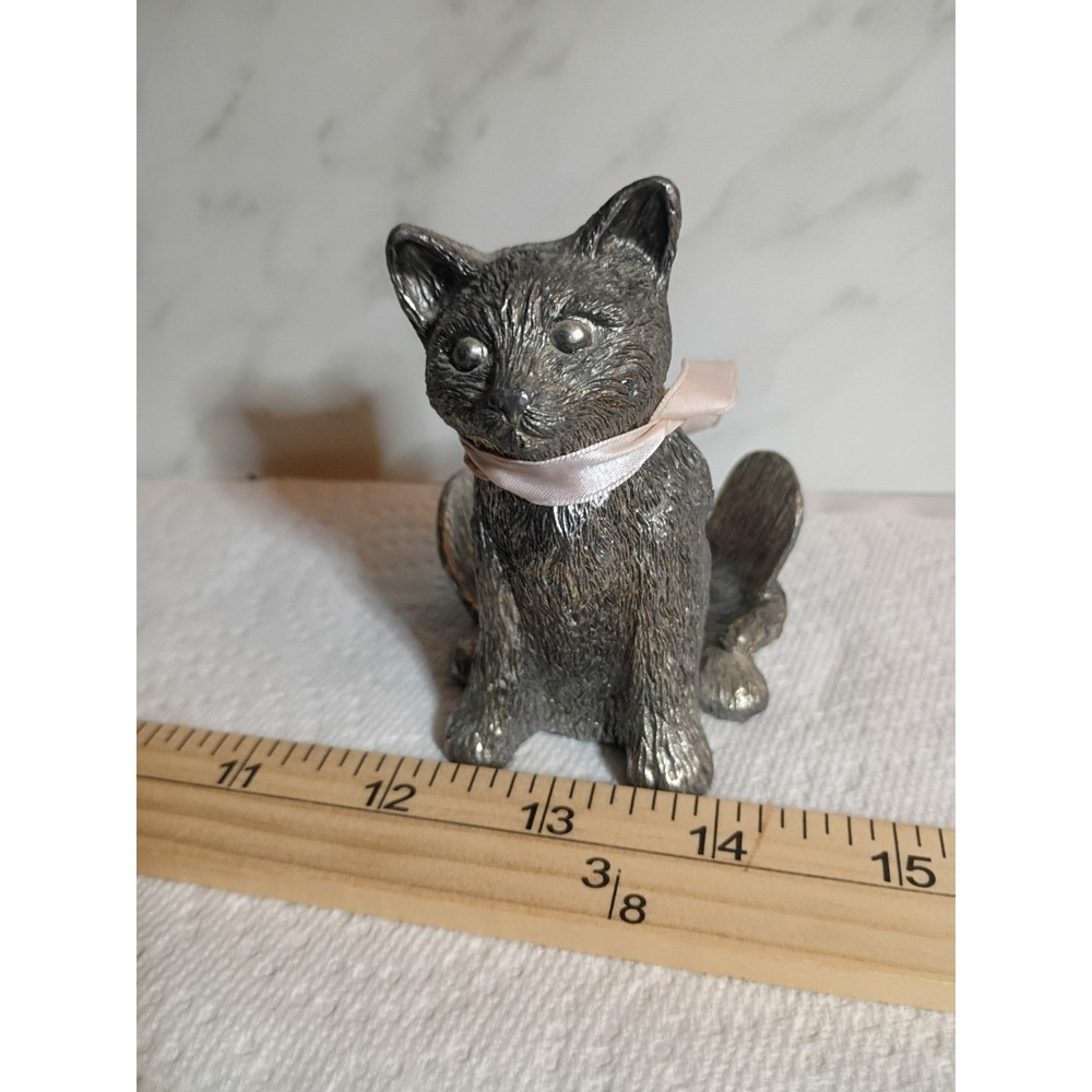 Vintage Metzke Pewter Cat Figurine 1984 Trinket Dish Ring Holder Pink Ribbon